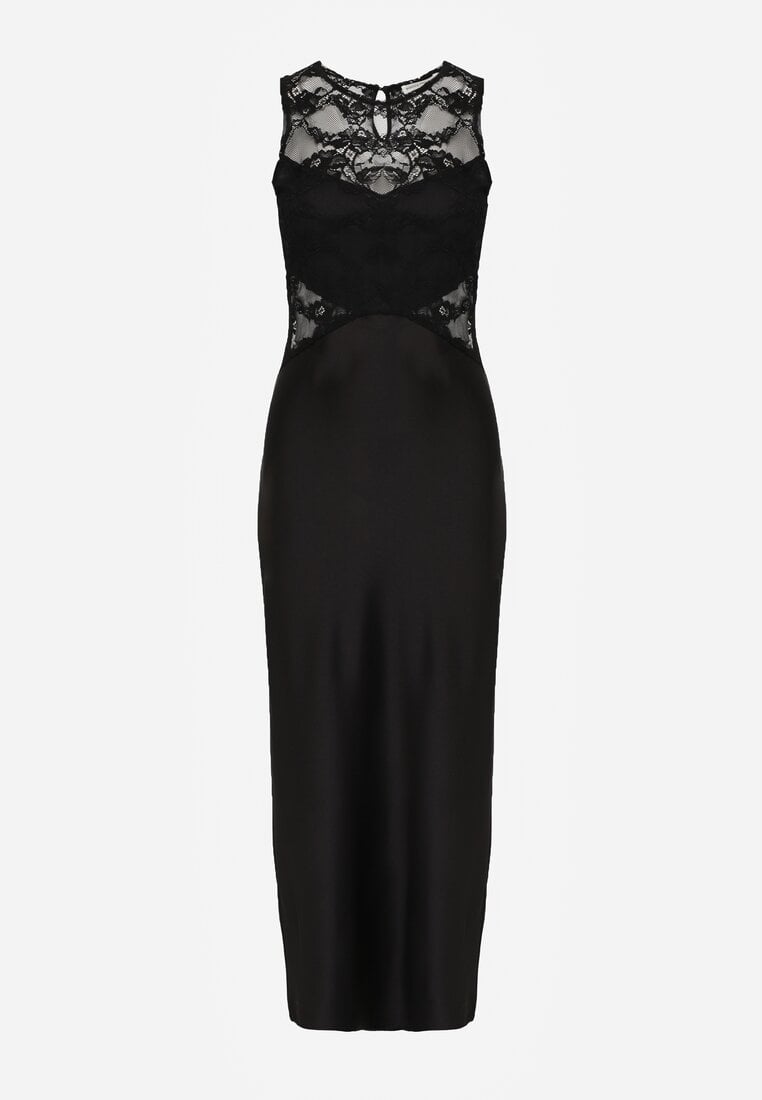 Czarna Dopasowana Sukienka Wieczorowa z Koronowymi Zdobieniami Bermina