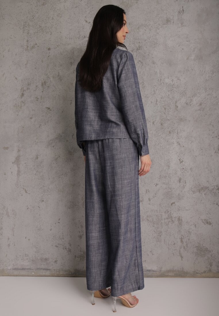 Niebieski Komplet z Wiskozą Bawełną i Lnem Wiązana Koszula i Szerokie Spodnie Ravisela