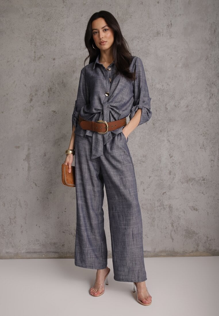 Niebieski Komplet z Wiskozą Bawełną i Lnem Wiązana Koszula i Szerokie Spodnie Ravisela