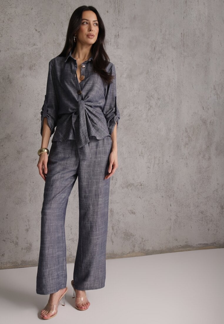 Niebieski Komplet z Wiskozą Bawełną i Lnem Wiązana Koszula i Szerokie Spodnie Ravisela