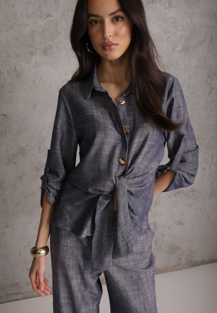 Niebieski Komplet z Wiskozą Bawełną i Lnem Wiązana Koszula i Szerokie Spodnie Ravisela