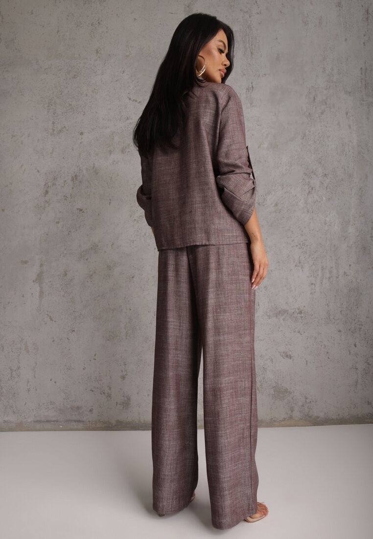 Brązowy Komplet z Wiskozą Bawełną i Lnem Wiązana Koszula i Szerokie Spodnie Ravisela