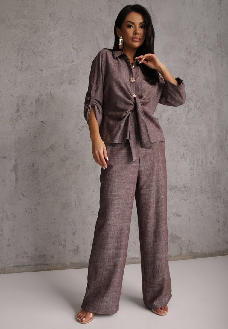 Brązowy Komplet z Wiskozą Bawełną i Lnem Wiązana Koszula i Szerokie Spodnie Ravisela