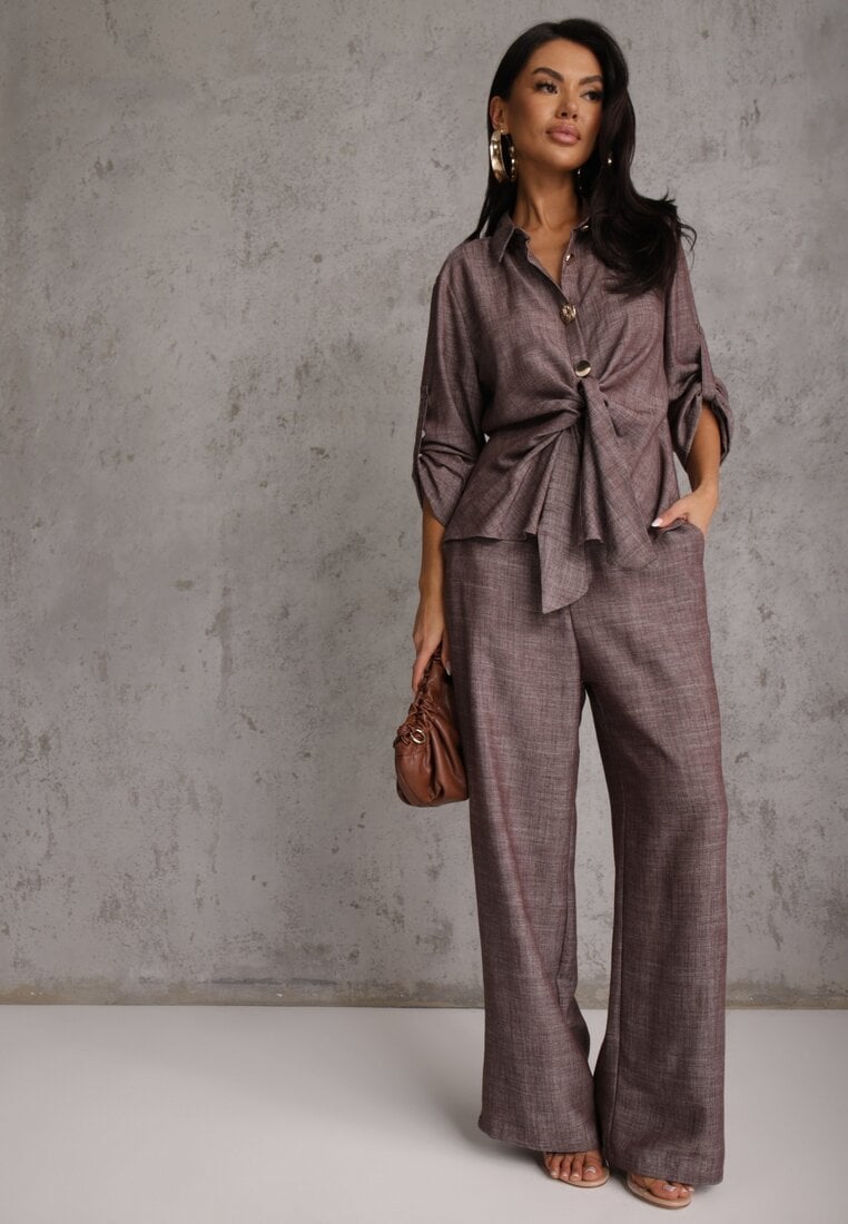 Brązowy Komplet z Wiskozą Bawełną i Lnem Wiązana Koszula i Szerokie Spodnie Ravisela