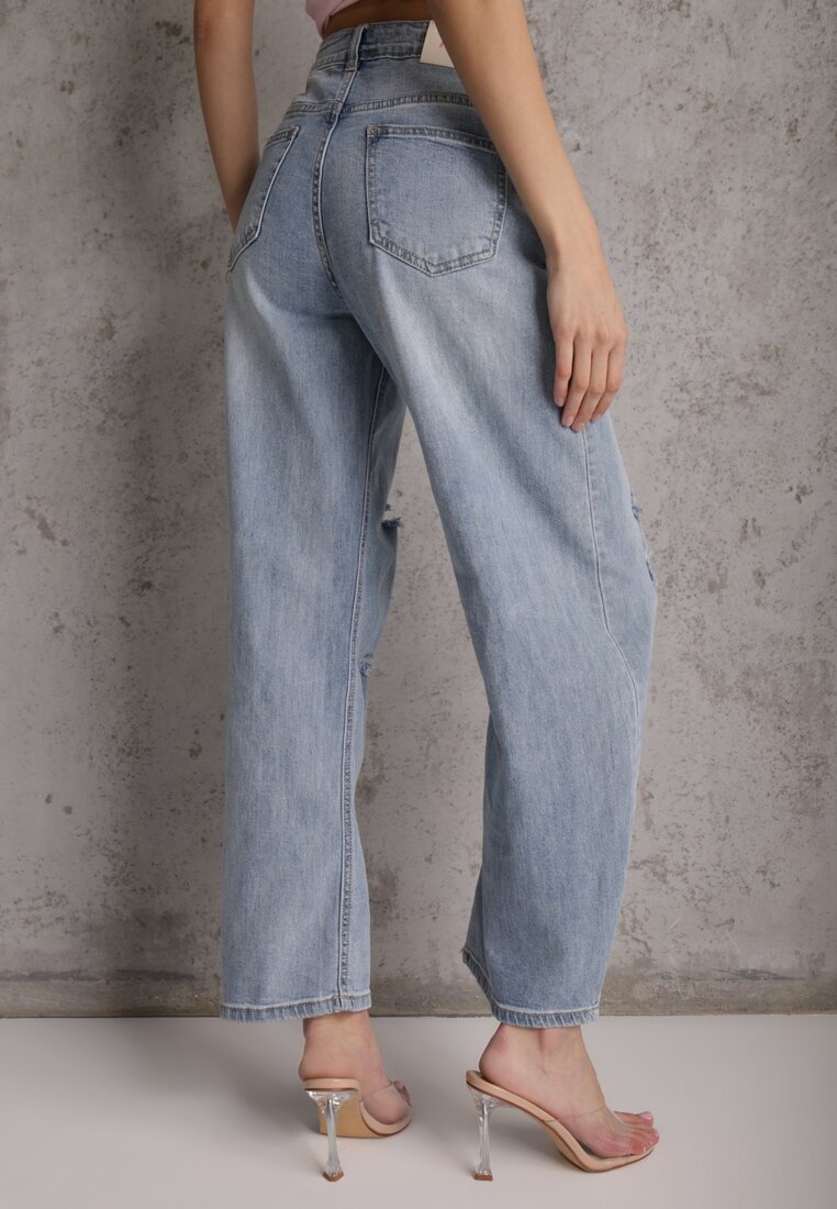 Niebieskie Asymetryczne Jeansy Balloon z Bawełny z Przetarciami i Dziurami Nedissa