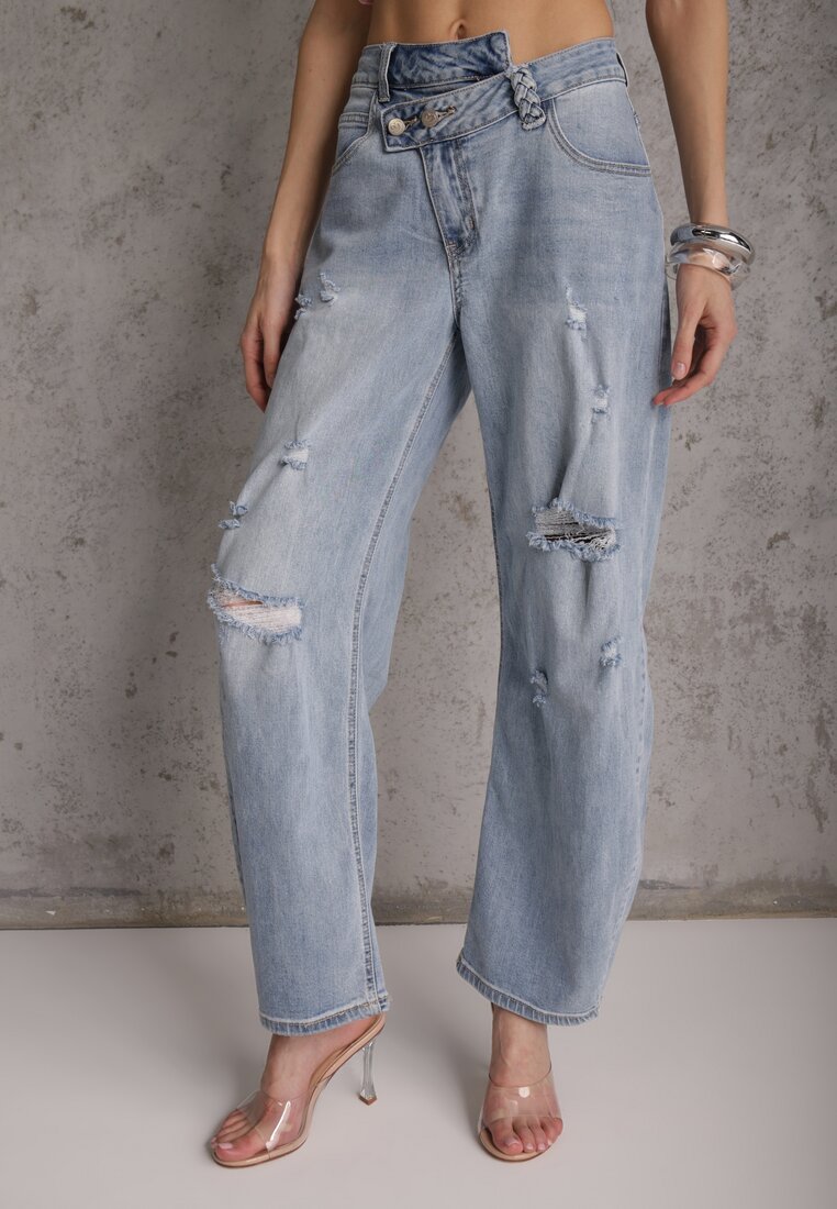 Niebieskie Asymetryczne Jeansy Balloon z Bawełny z Przetarciami i Dziurami Nedissa