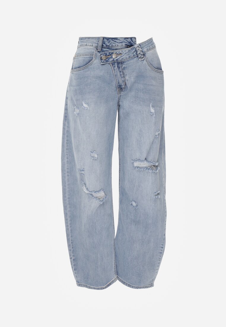 Niebieskie Asymetryczne Jeansy Balloon z Bawełny z Przetarciami i Dziurami Nedissa