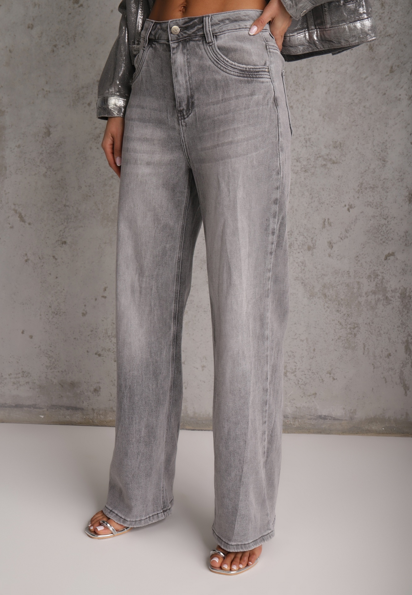 Szare Jeansy Wide Leg High Waist z Bawełną i Dodatkiem Wiskozy Rhenerila