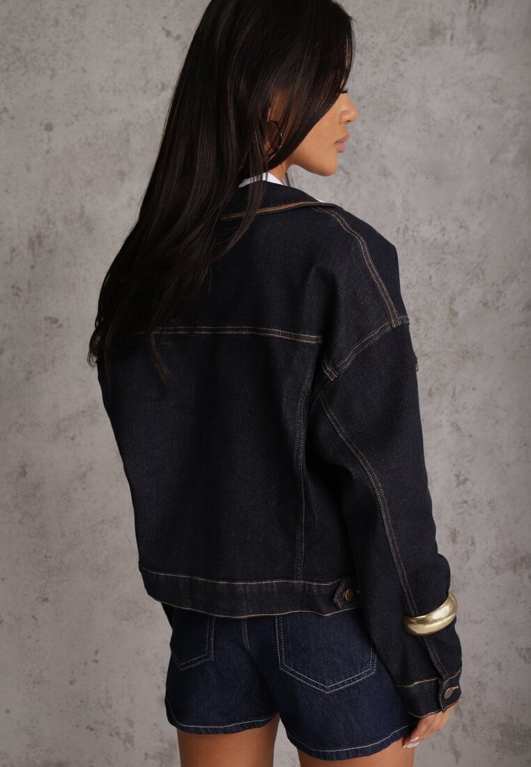 Niebieska Jeansowa Kurtka z Bawełną z Ozdobnymi Lamówkami Nedine