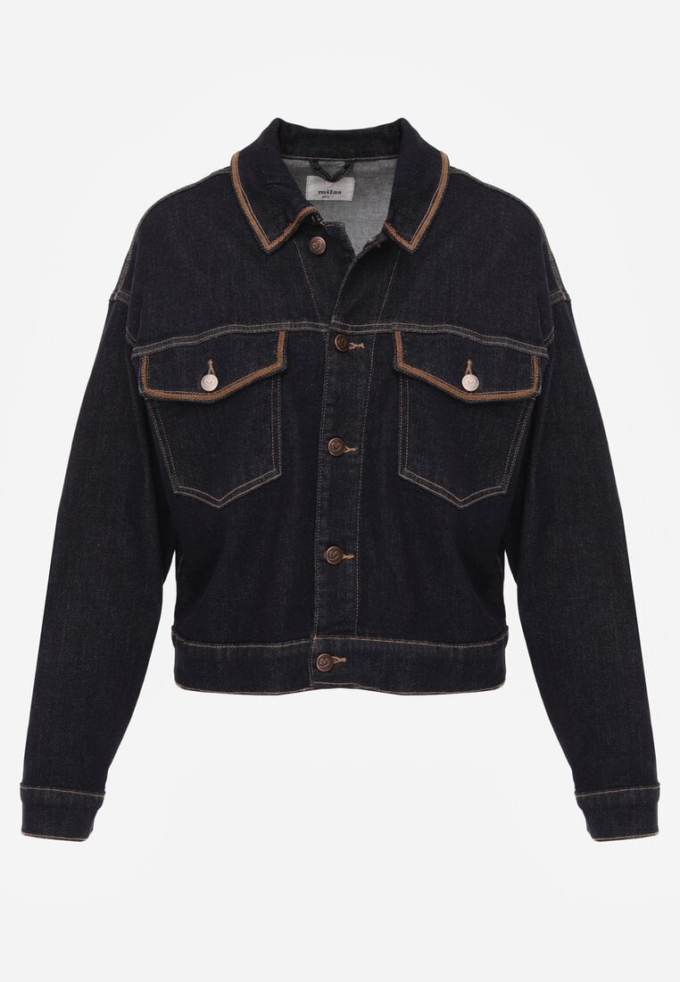 Niebieska Jeansowa Kurtka z Bawełną z Ozdobnymi Lamówkami Nedine