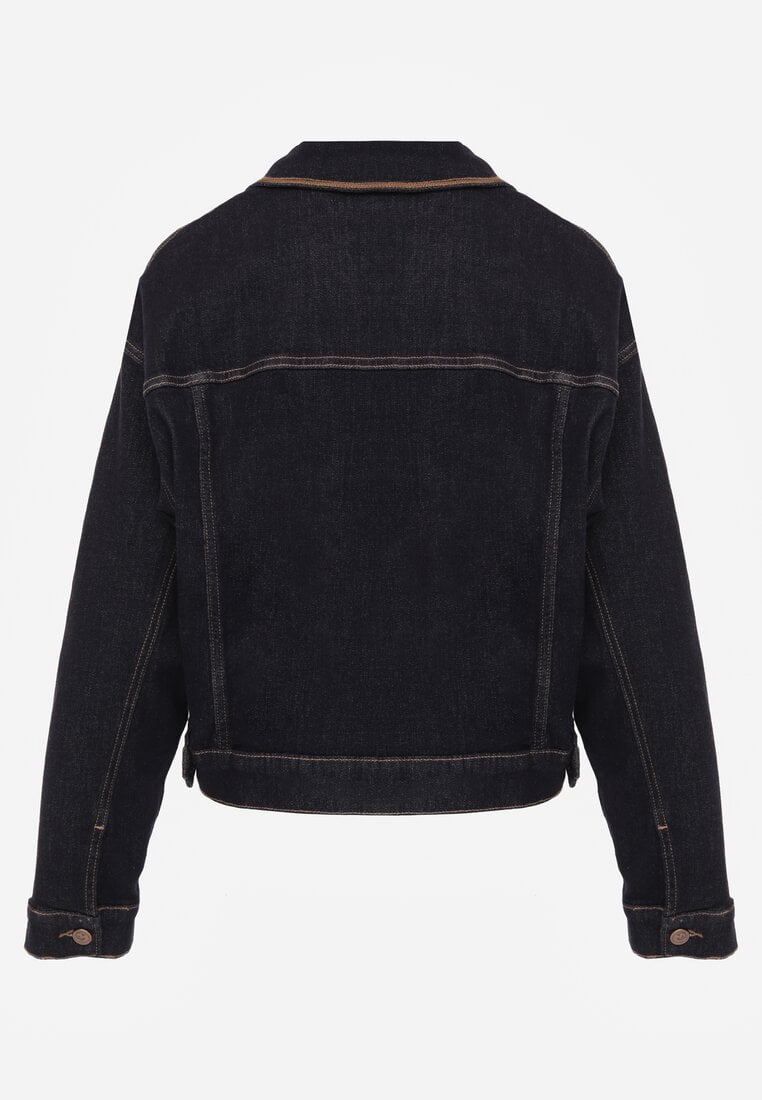 Niebieska Jeansowa Kurtka z Bawełną z Ozdobnymi Lamówkami Nedine