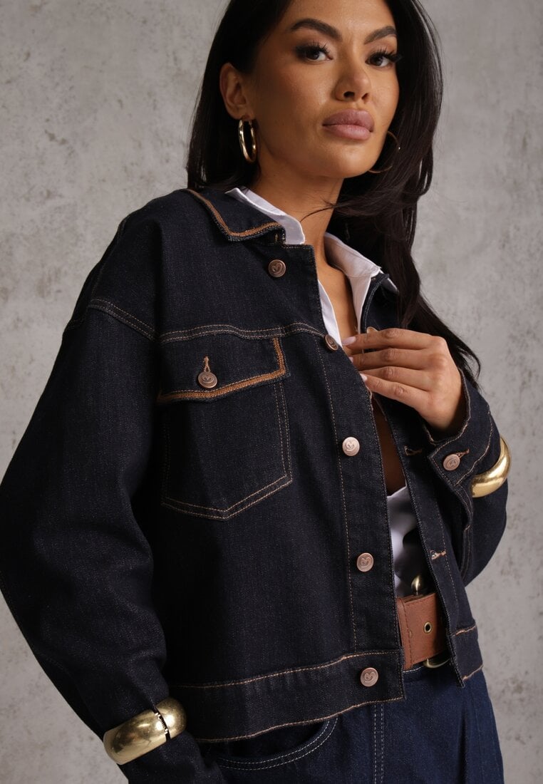 Niebieska Jeansowa Kurtka z Bawełną z Ozdobnymi Lamówkami Nedine