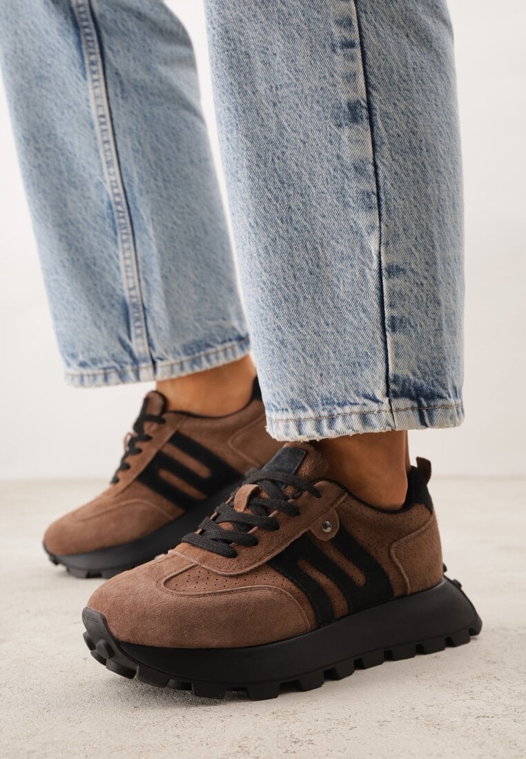 Brązowe Sneakersy na Platformie z Zamszu Naturalnego z Perforacją Zitrina