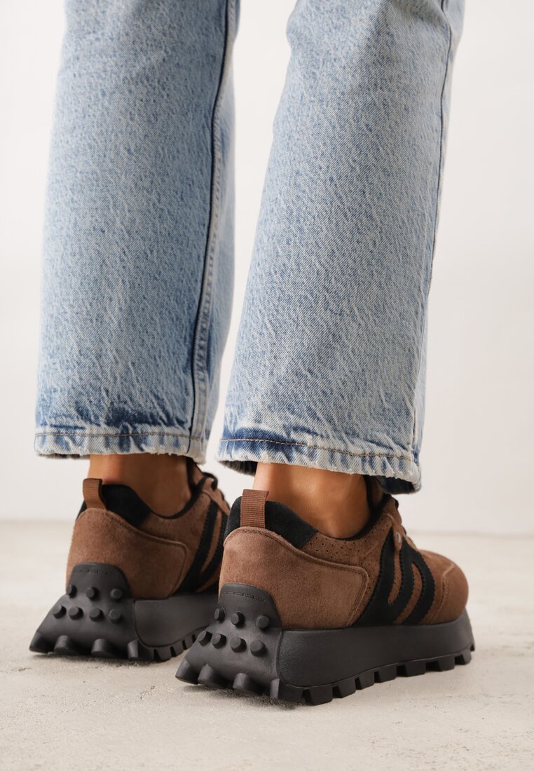 Brązowe Sneakersy na Platformie z Zamszu Naturalnego z Perforacją Zitrina