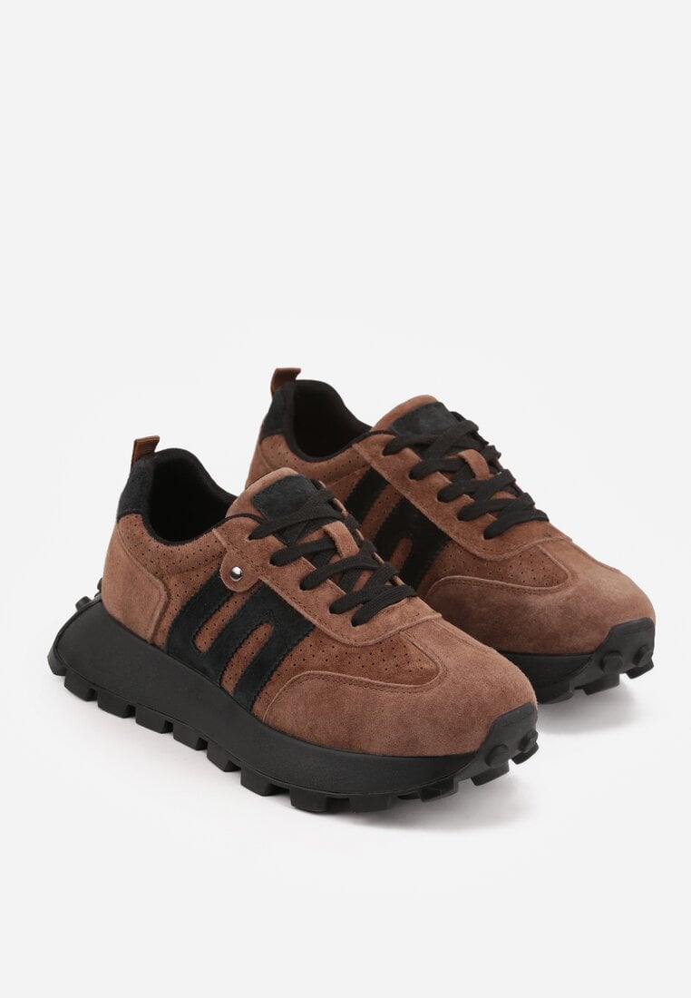 Brązowe Sneakersy na Platformie z Zamszu Naturalnego z Perforacją Zitrina