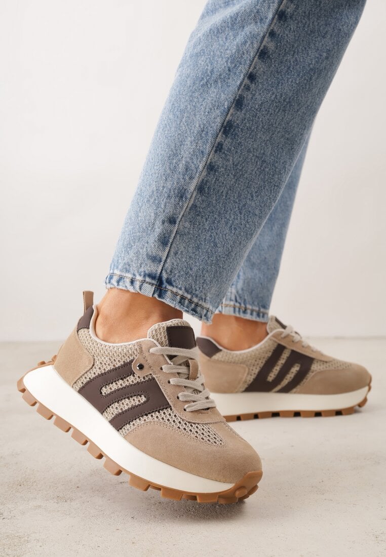 Beżowe Zamszowe Sneakersy na Platformie z Geometrycznym Wzorem Tarbelle