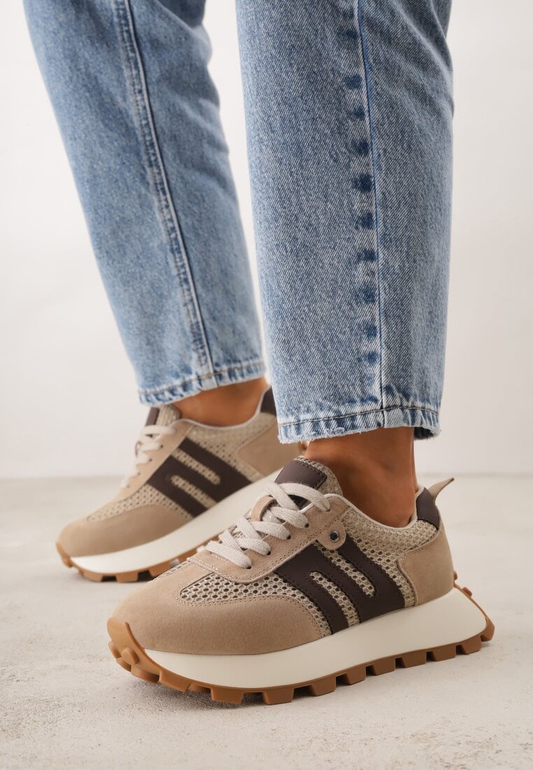 Beżowe Zamszowe Sneakersy na Platformie z Geometrycznym Wzorem Tarbelle