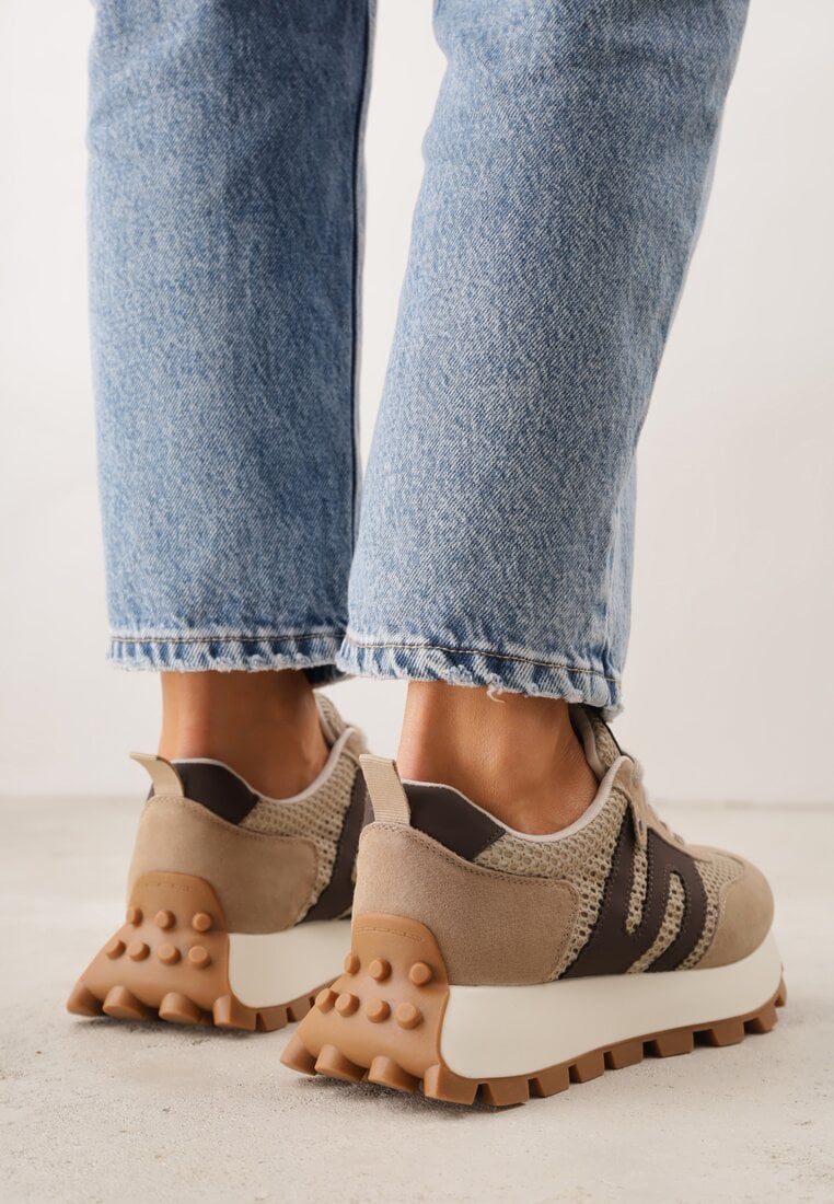 Beżowe Zamszowe Sneakersy na Platformie z Geometrycznym Wzorem Tarbelle
