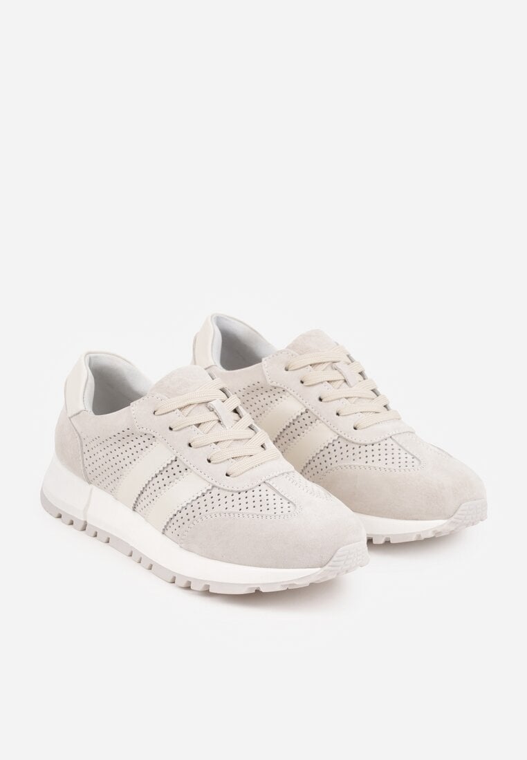 Jasnoszare Sneakersy z Zamszu Naturalnego z Ozdobnymi Paskami i Perforacją Ravinelle