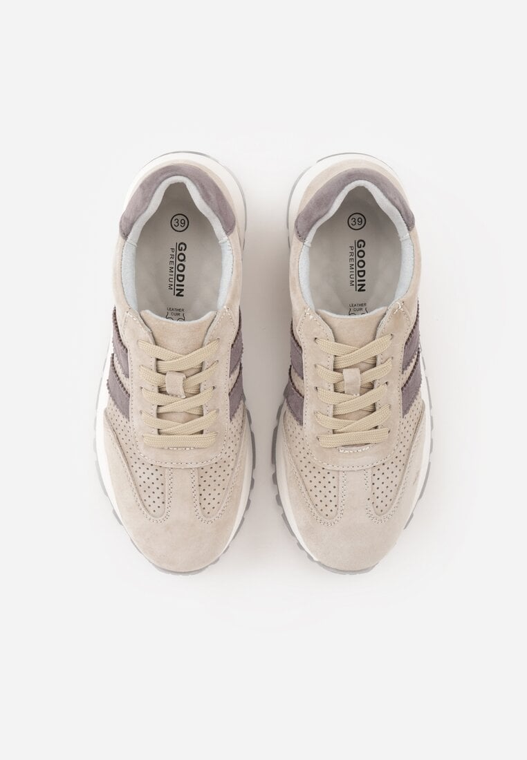 Jasnobeżowe Sneakersy z Zamszu Naturalnego z Ozdobnymi Paskami i Perforacją Ravinelle