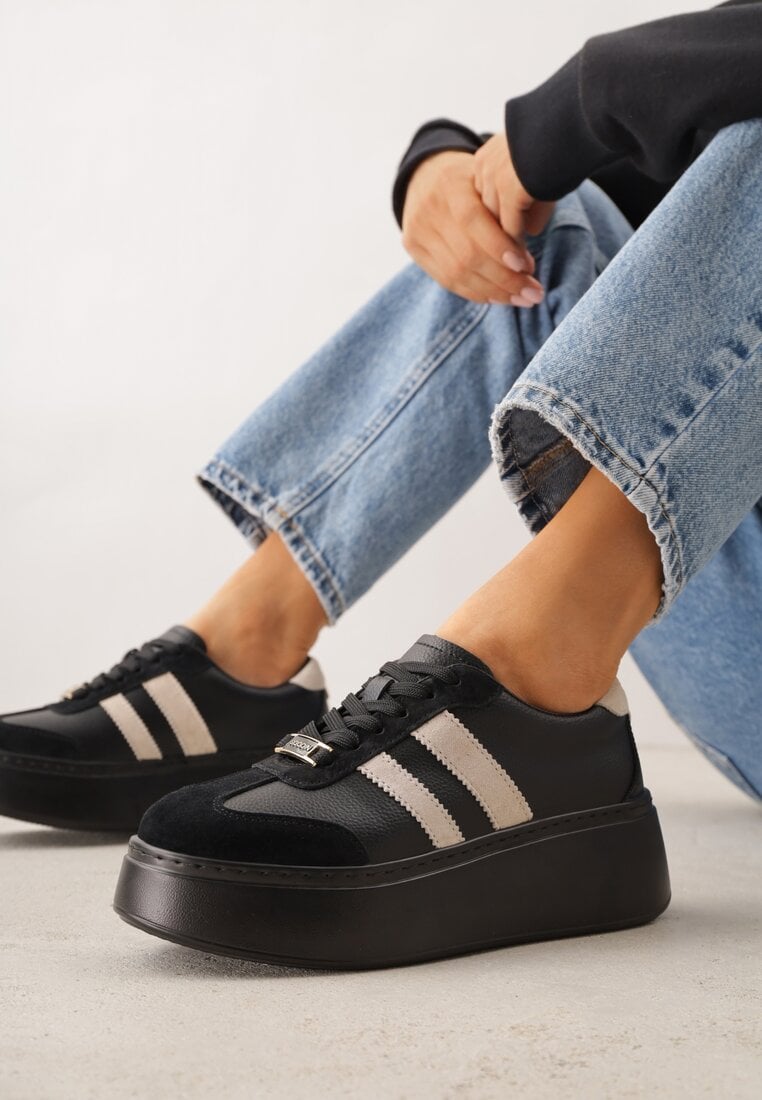 Czarno-Beżowe Sneakersy na Platformie ze Skóry Naturalnej Ozdobione Paskami Sovimi