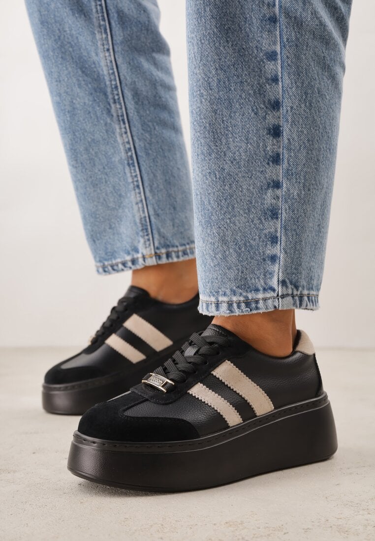 Czarno-Beżowe Sneakersy na Platformie ze Skóry Naturalnej Ozdobione Paskami Sovimi