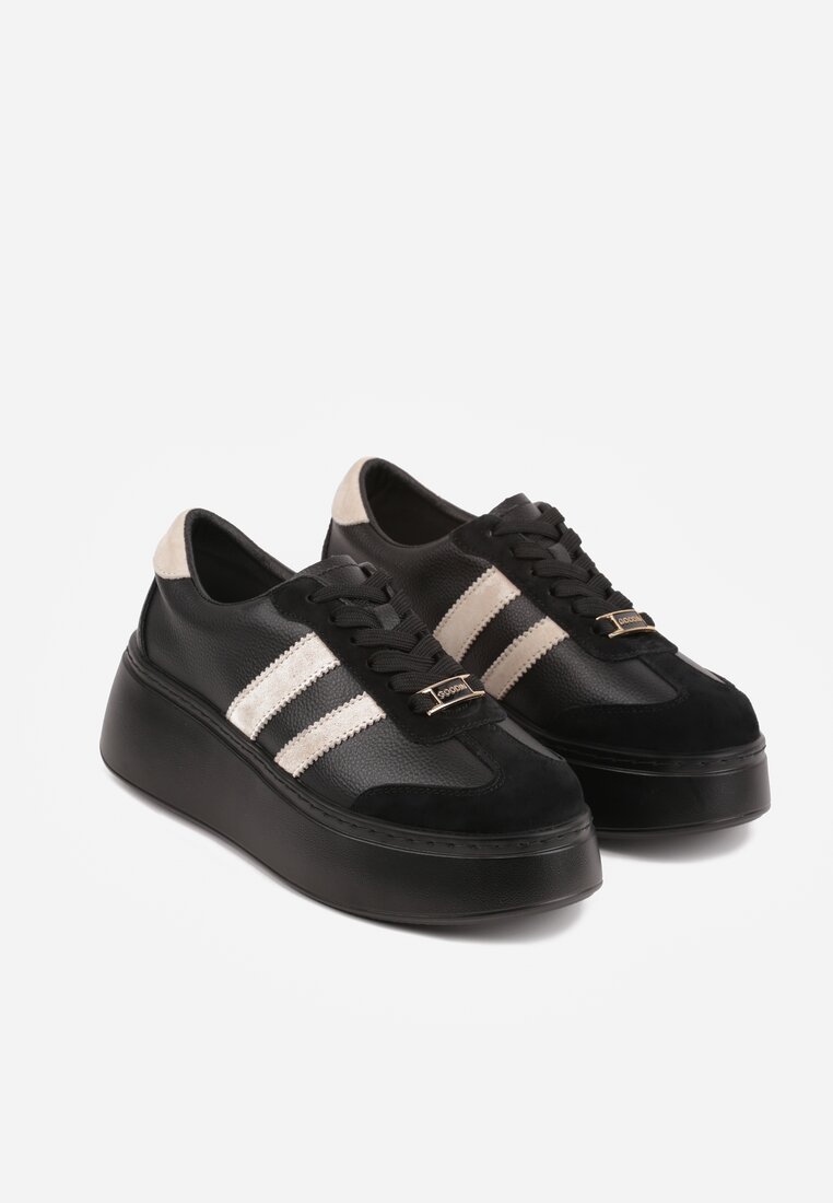 Czarno-Beżowe Sneakersy na Platformie ze Skóry Naturalnej Ozdobione Paskami Sovimi