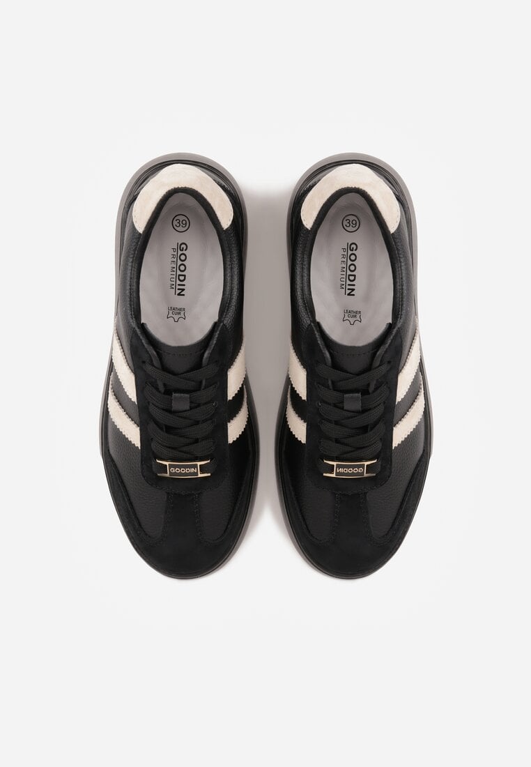 Czarno-Beżowe Sneakersy na Platformie ze Skóry Naturalnej Ozdobione Paskami Sovimi