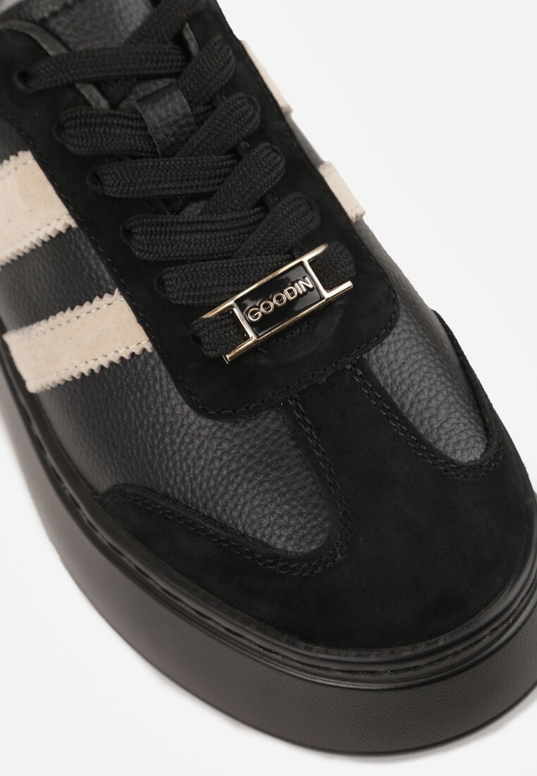 Czarno-Beżowe Sneakersy na Platformie ze Skóry Naturalnej Ozdobione Paskami Sovimi