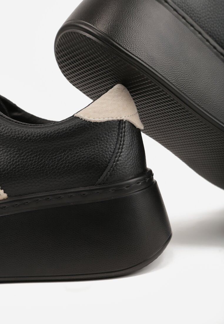 Czarno-Beżowe Sneakersy na Platformie ze Skóry Naturalnej Ozdobione Paskami Sovimi