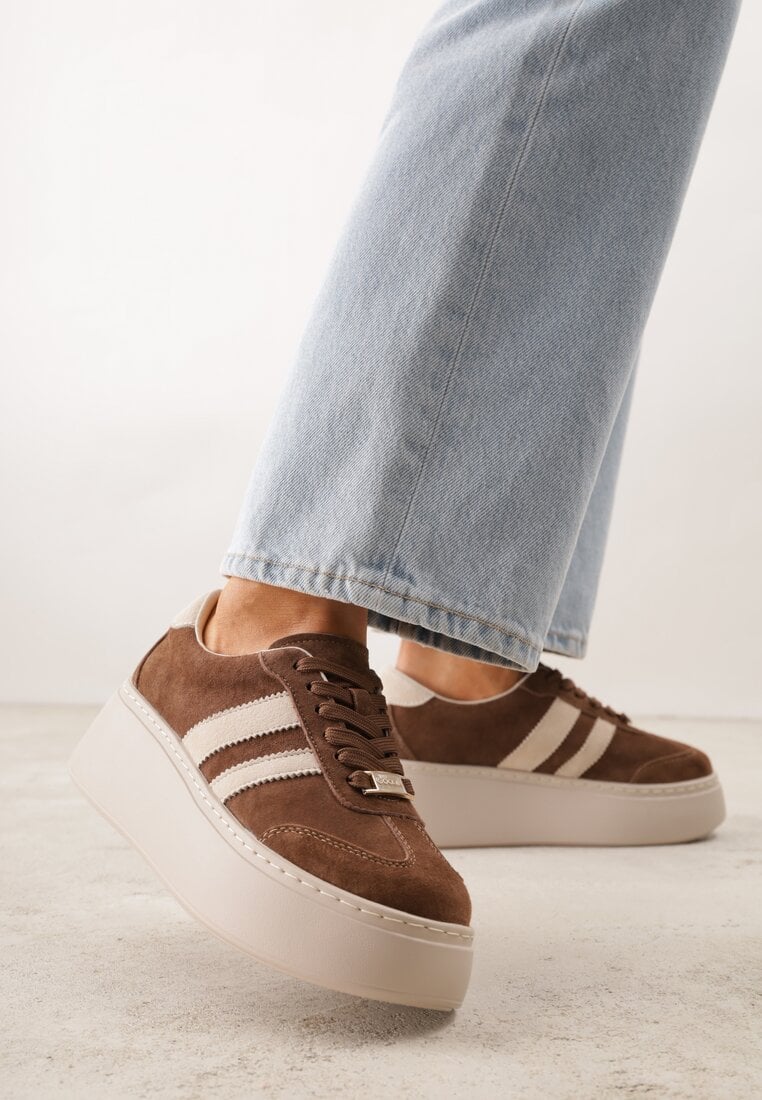 Brązowe Sneakersy na Platformie ze Skóry Naturalnej Ozdobione Paskami Sovimi