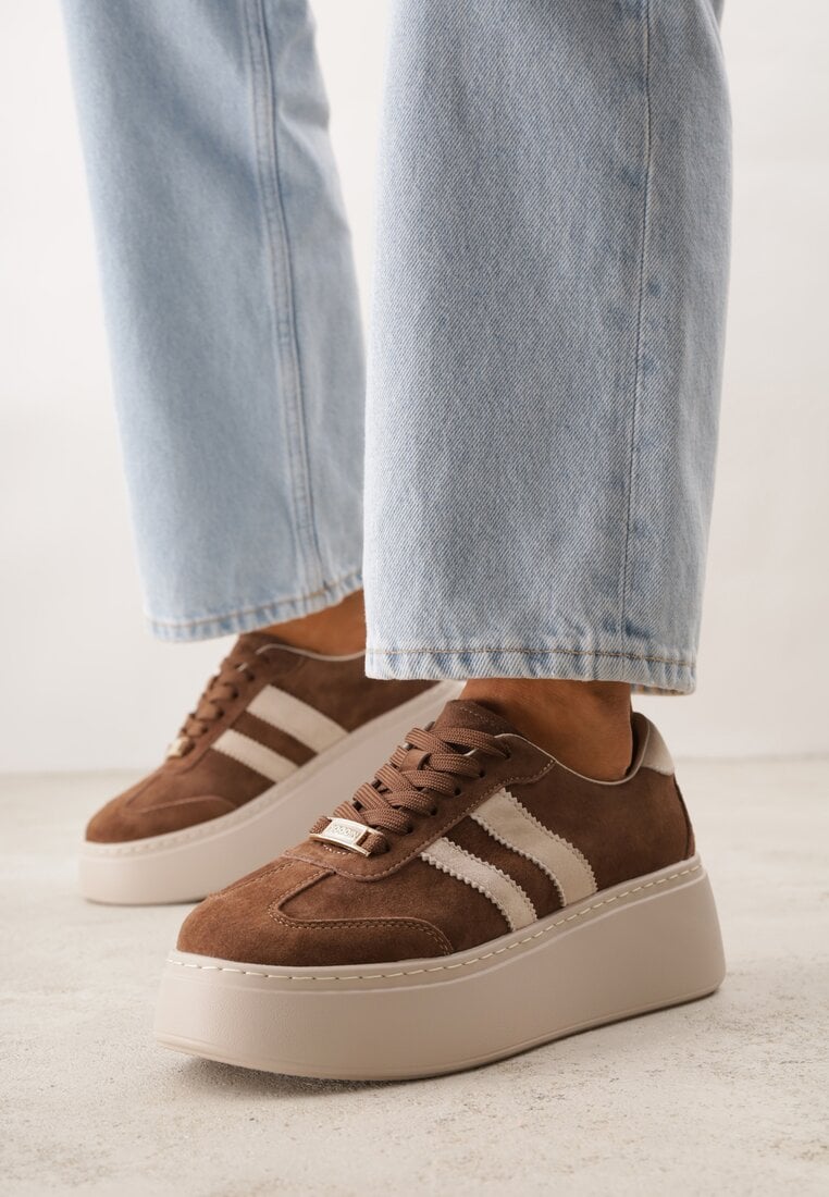 Brązowe Sneakersy na Platformie ze Skóry Naturalnej Ozdobione Paskami Sovimi
