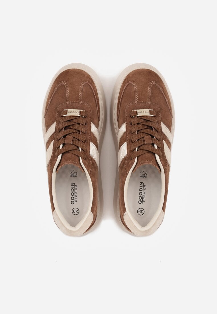 Brązowe Sneakersy na Platformie ze Skóry Naturalnej Ozdobione Paskami Sovimi