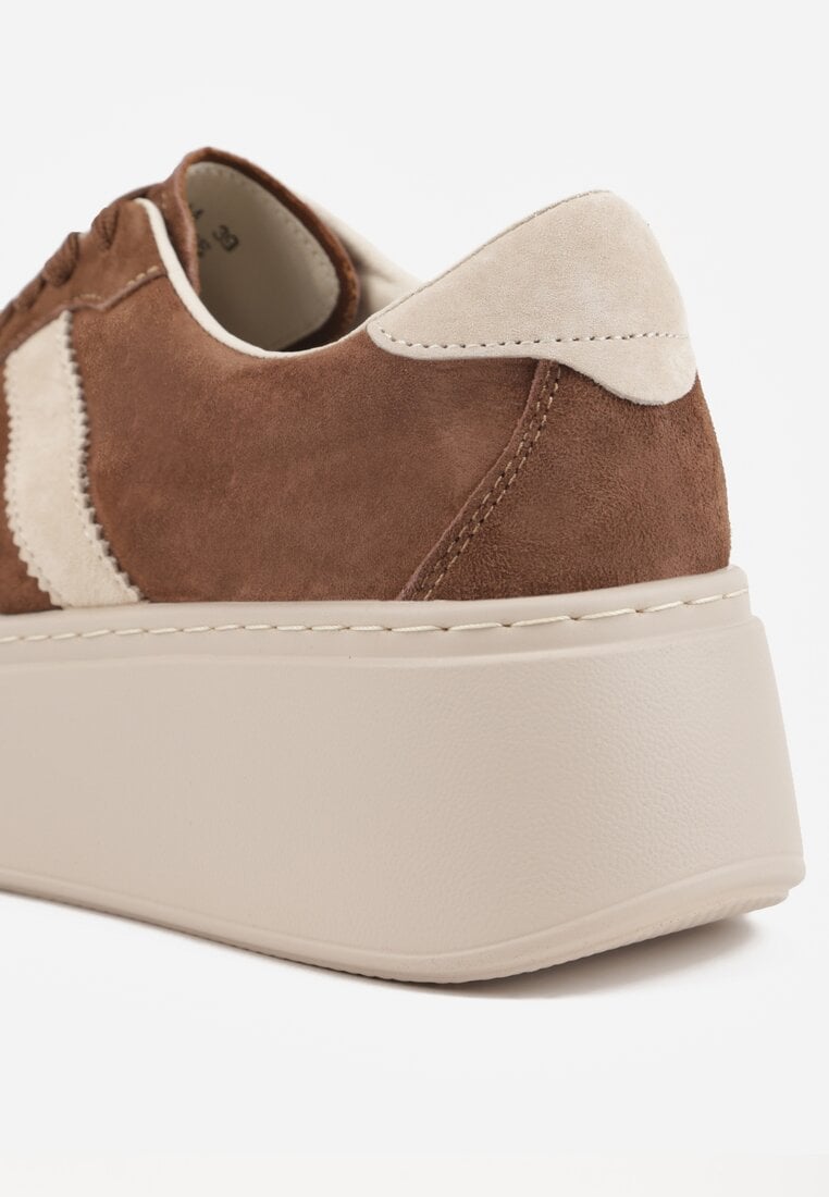 Brązowe Sneakersy na Platformie ze Skóry Naturalnej Ozdobione Paskami Sovimi
