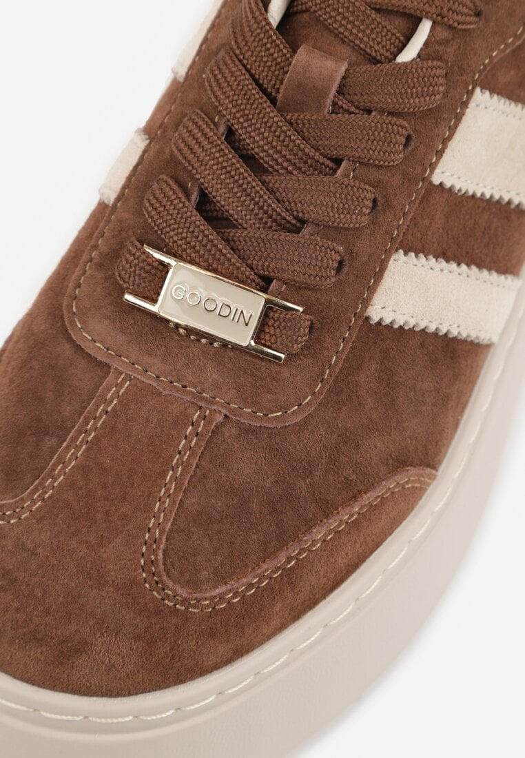 Brązowe Sneakersy na Platformie ze Skóry Naturalnej Ozdobione Paskami Sovimi