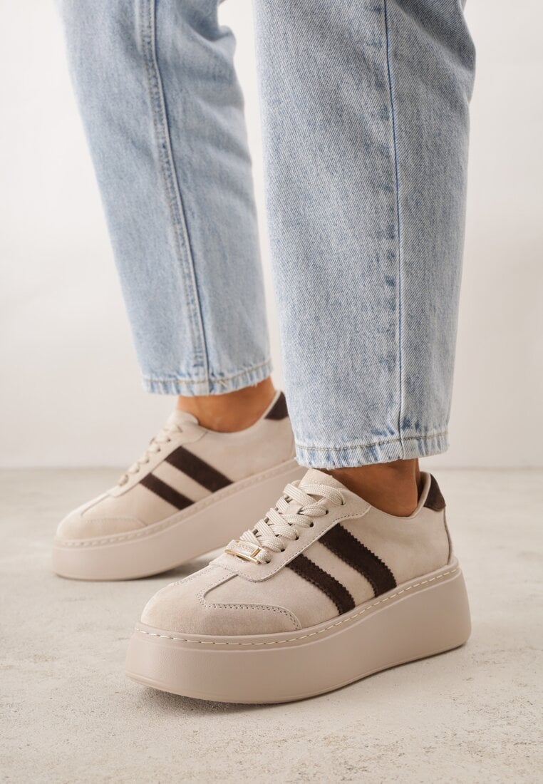 Beżowe Sneakersy na Platformie ze Skóry Naturalnej Ozdobione Paskami Sovimi