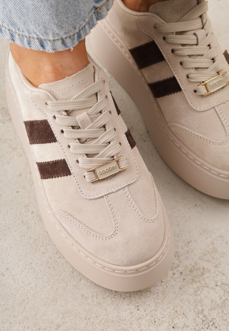 Beżowe Sneakersy na Platformie ze Skóry Naturalnej Ozdobione Paskami Sovimi