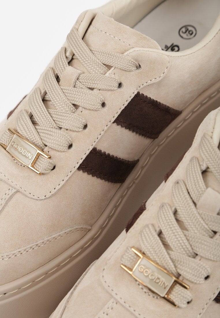 Beżowe Sneakersy na Platformie ze Skóry Naturalnej Ozdobione Paskami Sovimi