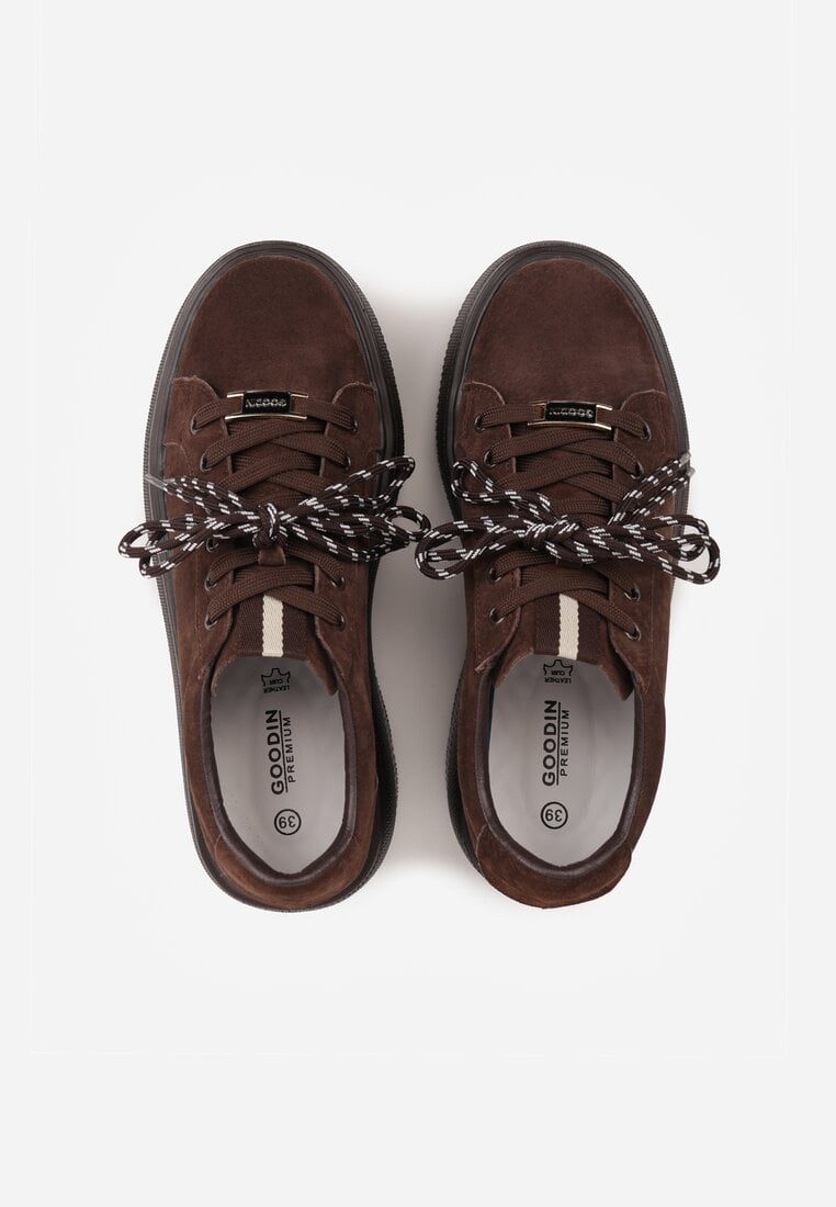 Brązowe Sneakersy na Platformie z Zamszu Naturalnego ze Sznurówkami w Paski Tarilita