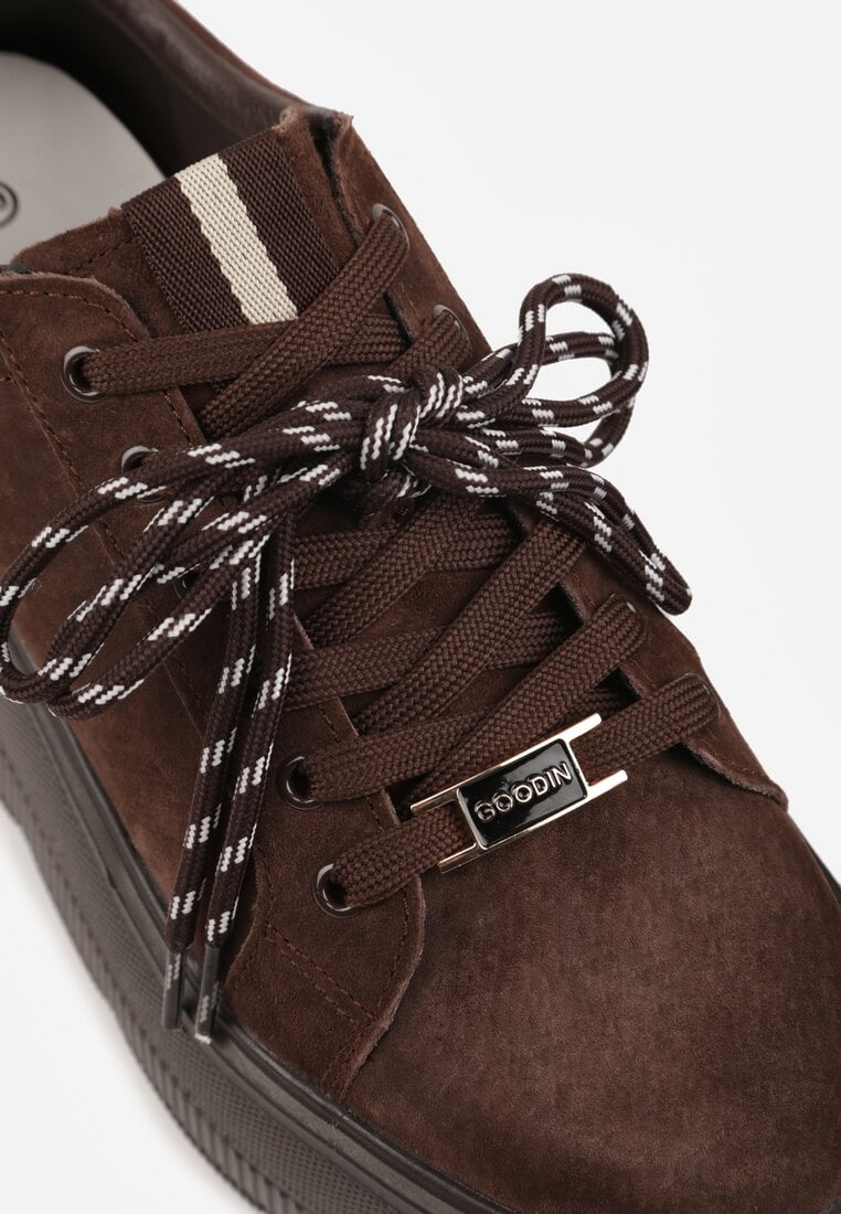 Brązowe Sneakersy na Platformie z Zamszu Naturalnego ze Sznurówkami w Paski Tarilita
