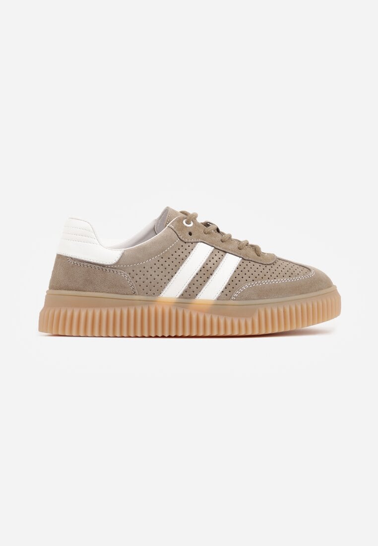 Ciemnobeżowe Sneakersy Typu Tenisówki z Zamszu Naturalnego Ozdobione Paskami Tarinella