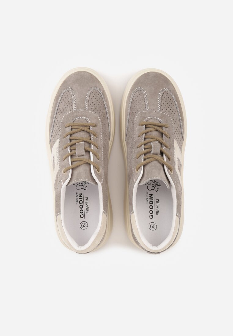 Ciemnobeżowe Sneakersy z Zamszu Naturalnego na Platfomie z Napisem i Perforacją Zitara