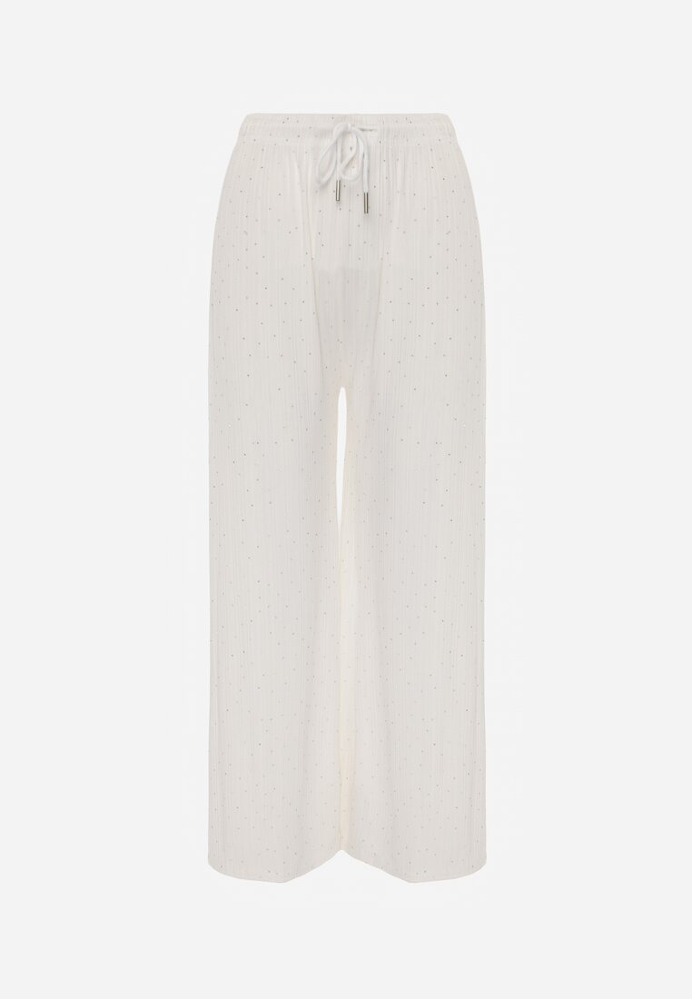 Białe Spodnie z Bawełną o Szerokim Kroju z Cyrkoniami Azirene