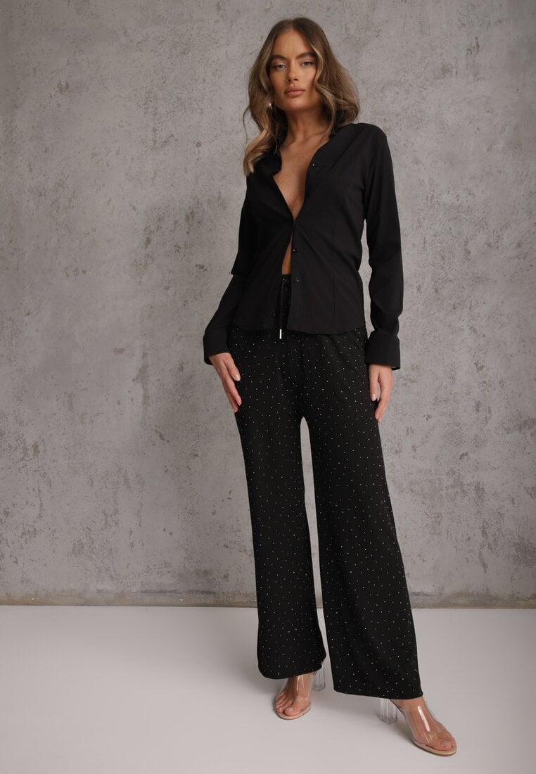 Czarne Spodnie z Bawełną o Szerokim Kroju z Cyrkoniami Azirene