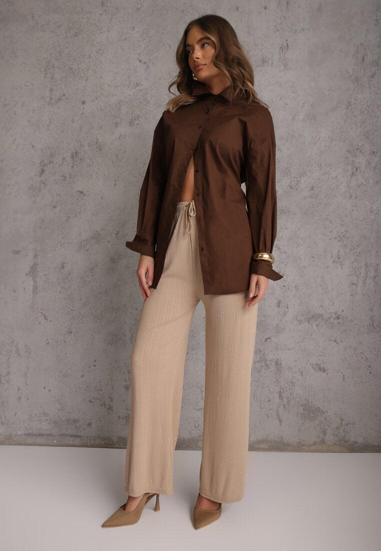 Beżowe Spodnie z Bawełną o Szerokim Kroju z Cyrkoniami Azirene