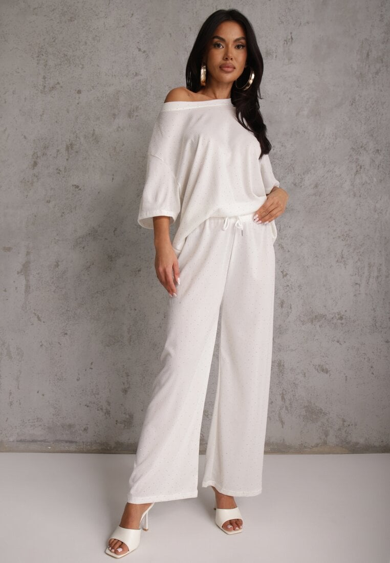 Biały Oversizowy Komplet Zdobiony Cyrkoniami T-shirt i Spodnie Arnateia