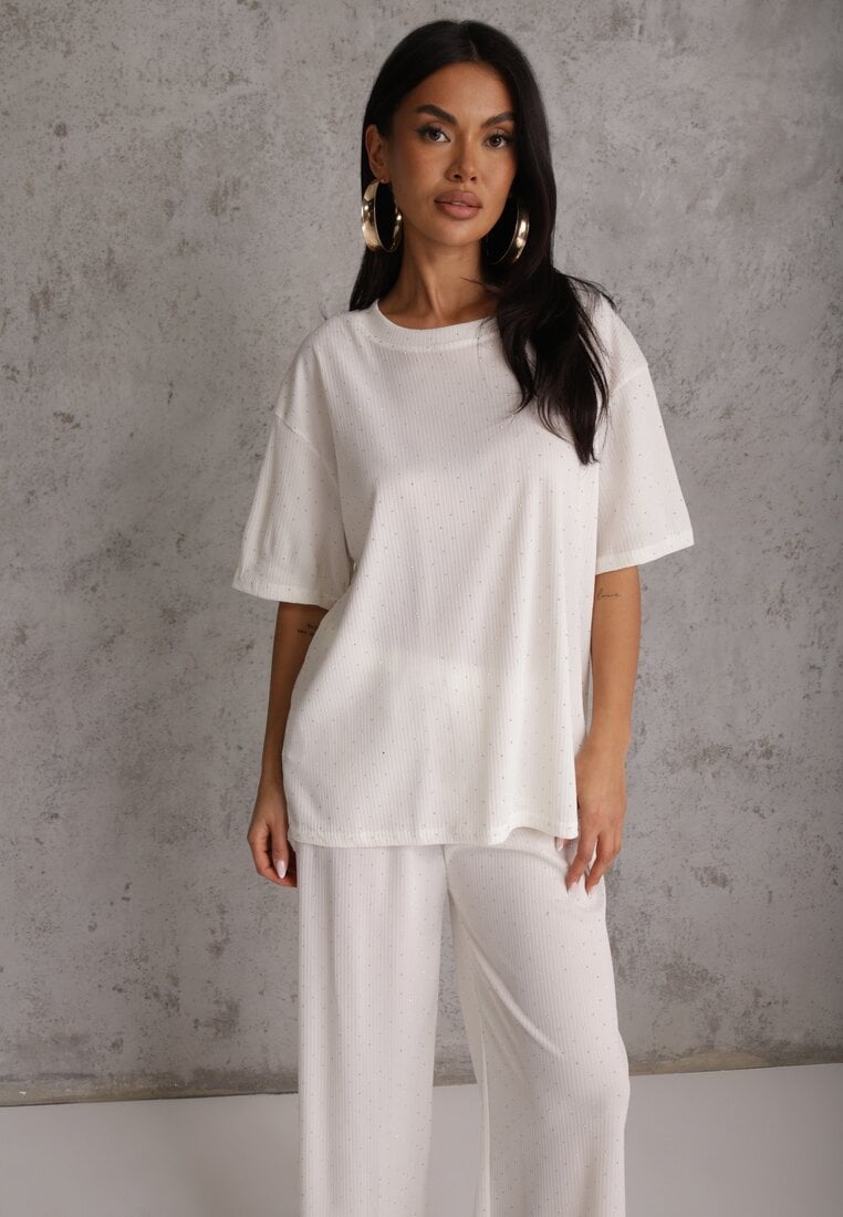 Biały Oversizowy Komplet Zdobiony Cyrkoniami T-shirt i Spodnie Arnateia