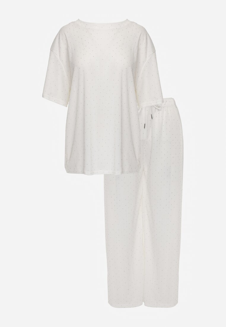 Biały Oversizowy Komplet Zdobiony Cyrkoniami T-shirt i Spodnie Arnateia