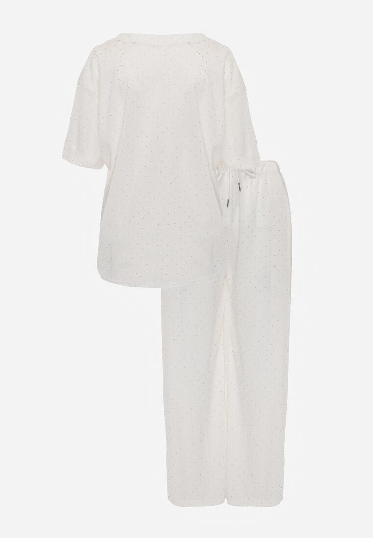 Biały Oversizowy Komplet Zdobiony Cyrkoniami T-shirt i Spodnie Arnateia