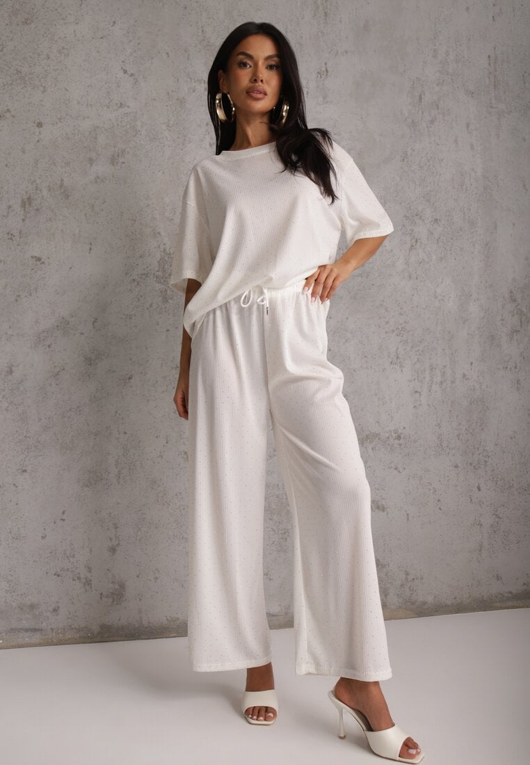 Biały Oversizowy Komplet Zdobiony Cyrkoniami T-shirt i Spodnie Arnateia